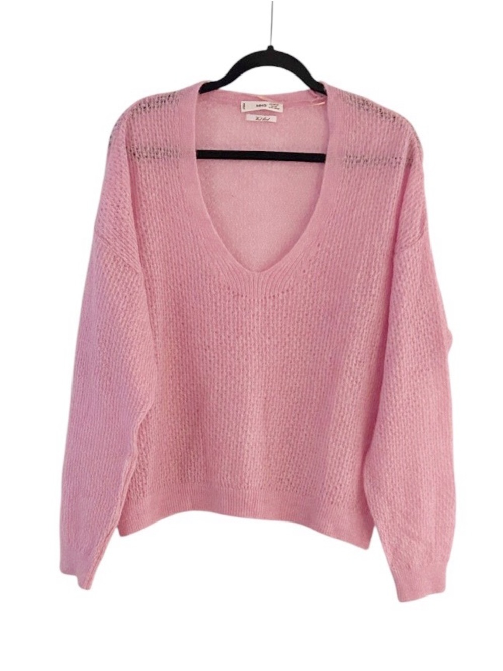 MNG by Mango Sweater Size XXL Pink V-Neck Open Knit Wool Blend